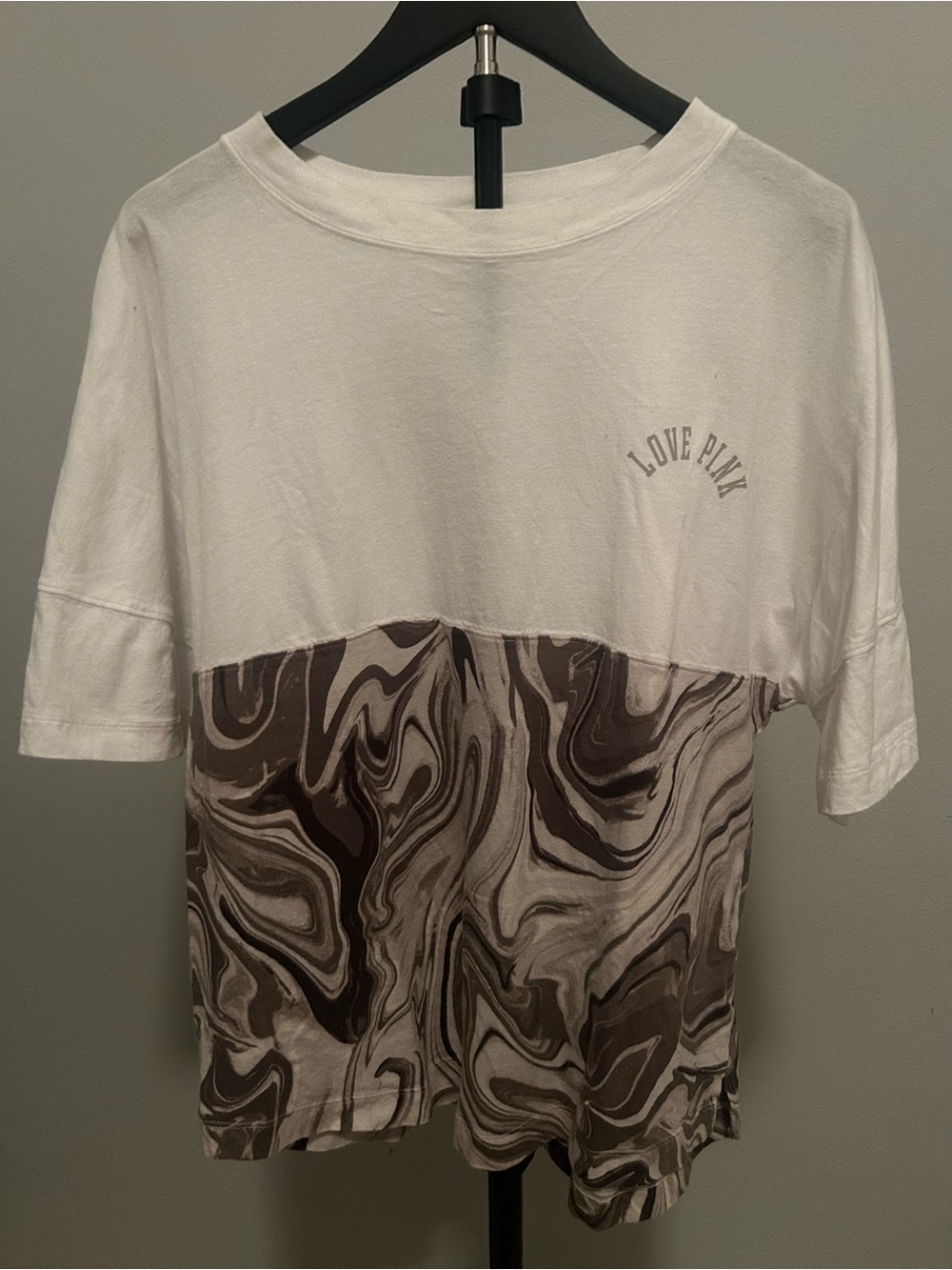 PINK Victoria's Secret White & Gray Marble-Print Short Sleeve Tee
